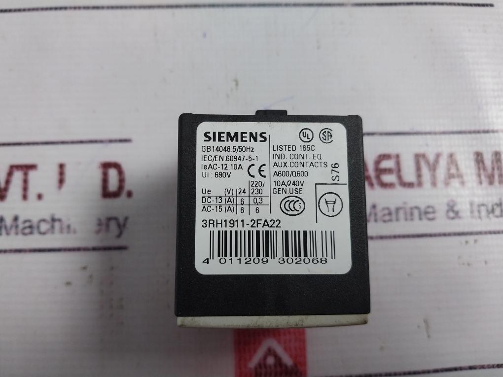 Siemens 3rh1911-2fa22 Auxiliary Contact 10a/240v