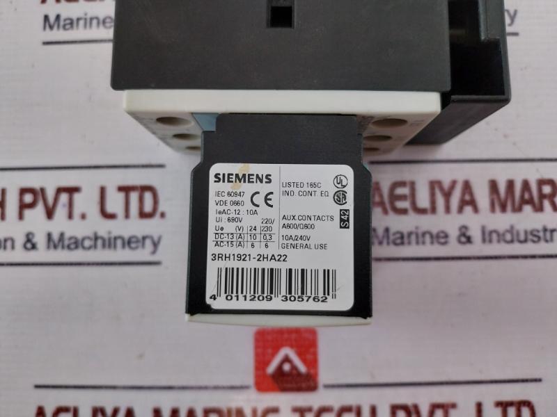 Siemens 3Rt1026-3B 0 Power Contactor W/ 3Rh1921-2Ha22 Auxiliary Switch Block 10A