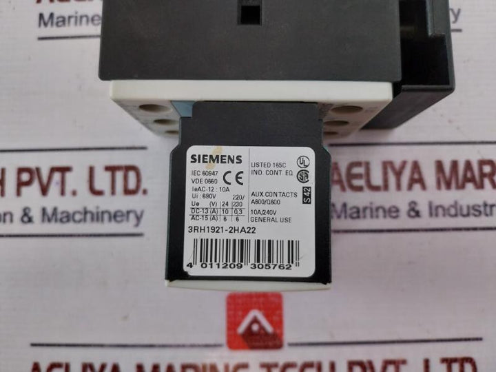 Siemens 3Rt1026-3B 0 Power Contactor W/ 3Rh1921-2Ha22 Auxiliary Switch Block 10A
