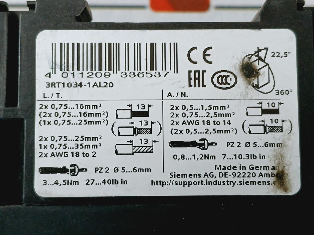 Siemens 3rt1034-1al20 Sirius Contactor 50a 50/60hz