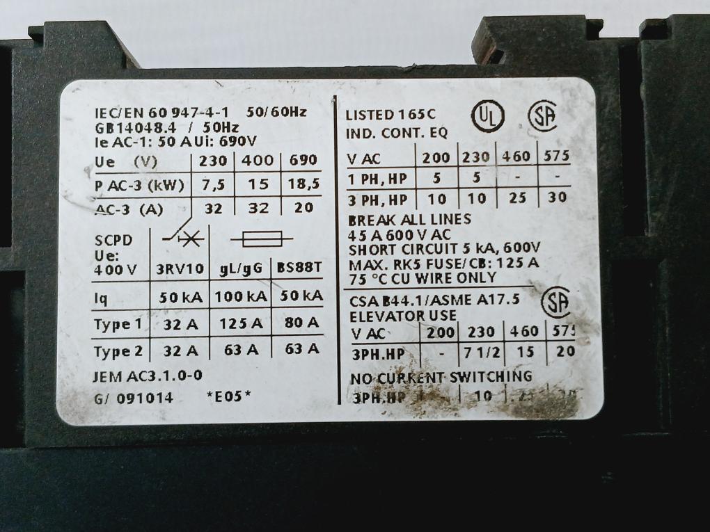 Siemens 3rt1034-1al20 Sirius Contactor 690v 50/60hz