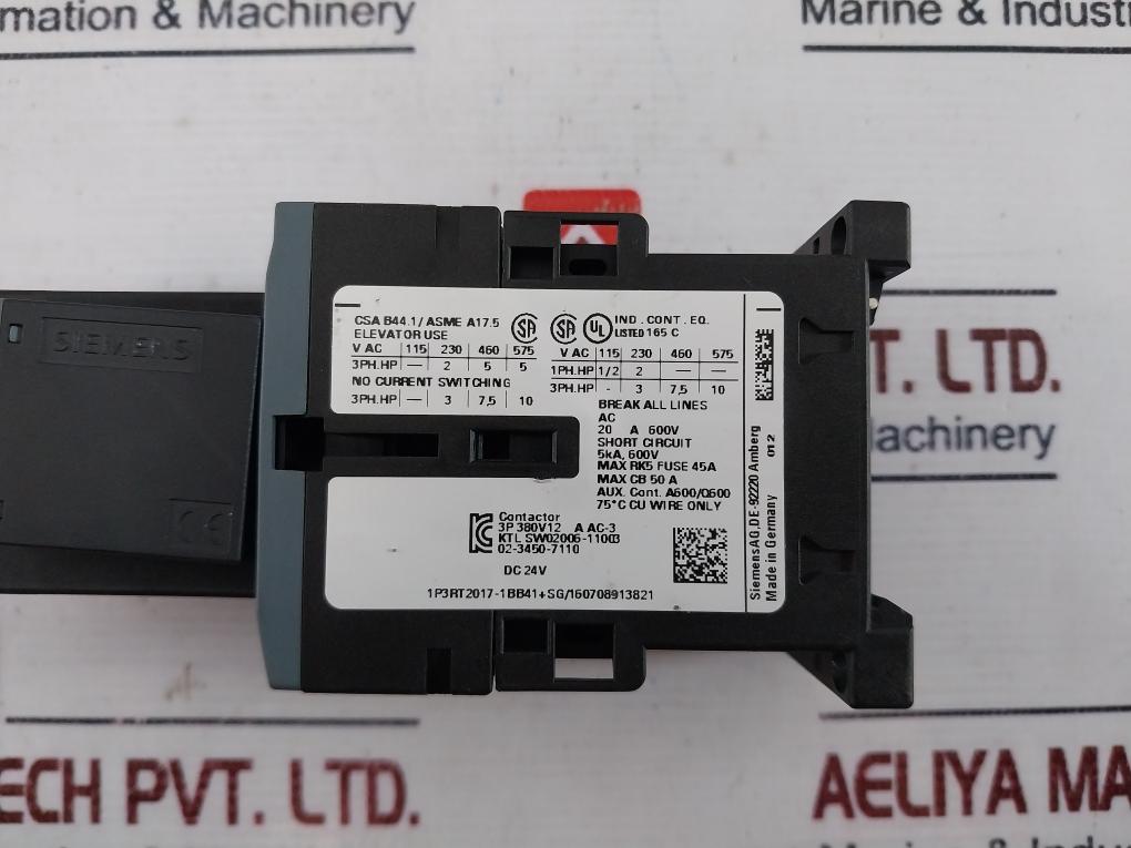 Siemens 3rt2017-1bb41 Contactor W/ 3rh2911-1fa40 Switch Block, 3rt2916-1lm00