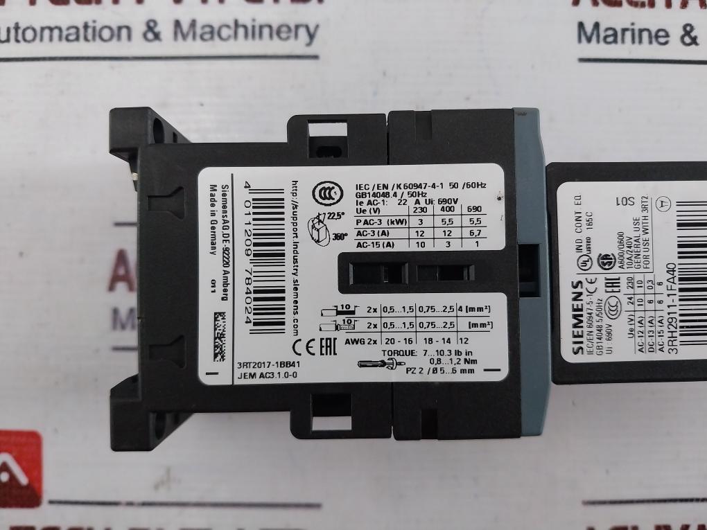 Siemens 3rt2017-1bb41 Contactor W/ 3rh2911-1fa40 Switch Block, 3rt2916-1lm00