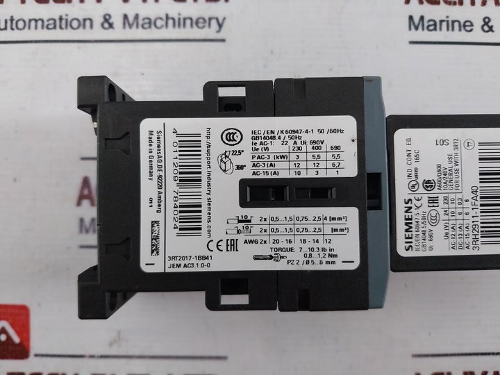 Siemens 3rt2017-1bb41 Contactor W/ 3rh2911-1fa40 Switch Block, 3rt2916-1lm00