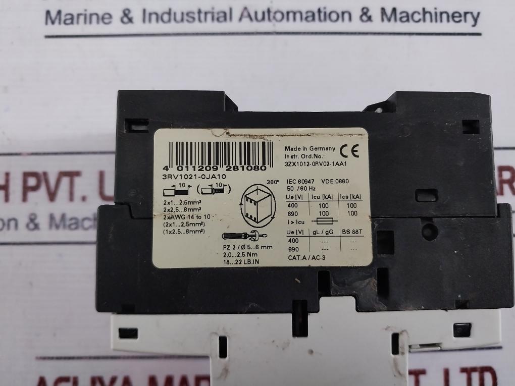 Siemens 3rv1021-0ja10 Motor Protection Circuit Breaker 3 Pole 12a