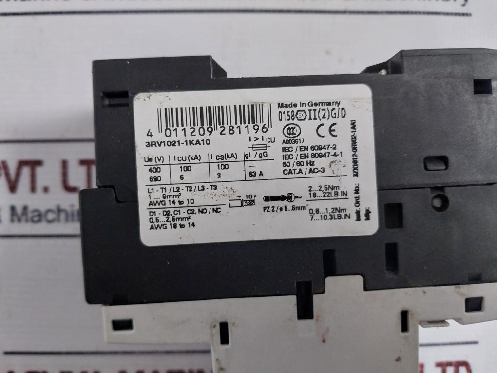 Siemens 3rv1021-1ka10 Circuit Breaker 690v 163a