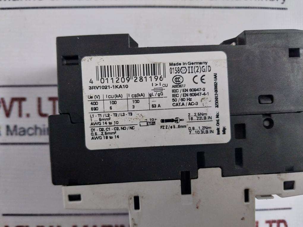 Siemens 3rv1021-1ka10 Circuit Breaker 690v