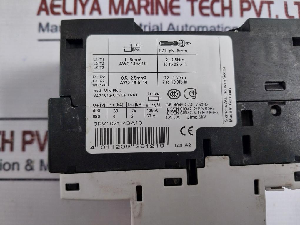 Siemens 3rv1021-4ba10 Circuit Breaker With Auxiliary Switch