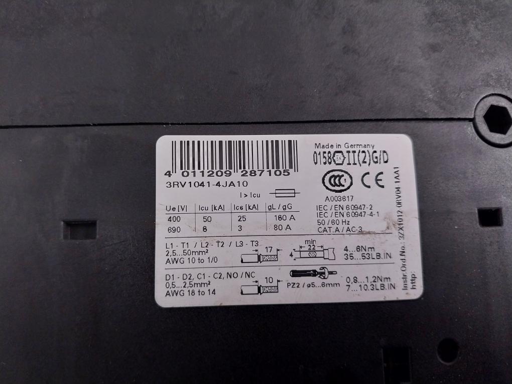 Siemens 3rv1041-4ja10 Circuit Breaker Size S3 For Motor Protection