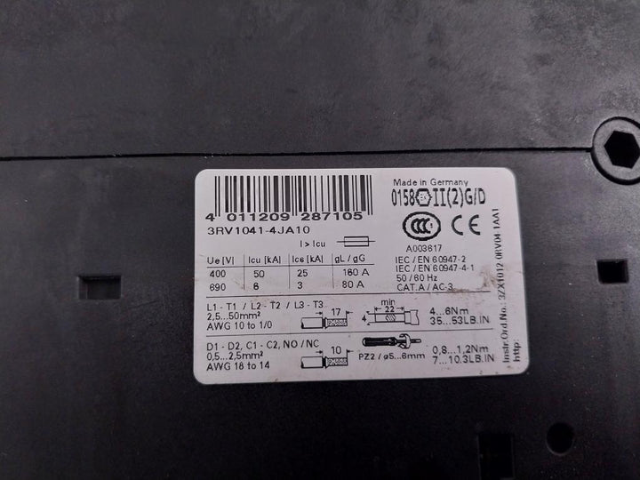 Siemens 3rv1041-4ja10 Circuit Breaker Size S3 For Motor Protection