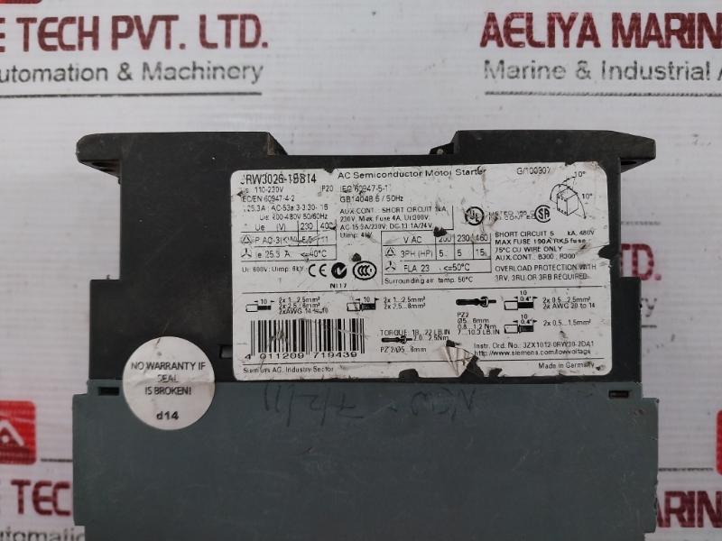 Siemens Sirius 3Rw3026-1Bb14 Motor Starter 200-480V 25.3A Ip20 50C