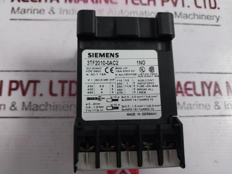 Siemens 3tf2010-0ac2 Contactor 16a 600vac 50/60hz