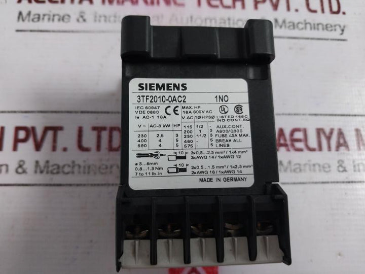 Siemens 3tf2010-0ac2 Contactor 16a 600vac 50/60hz