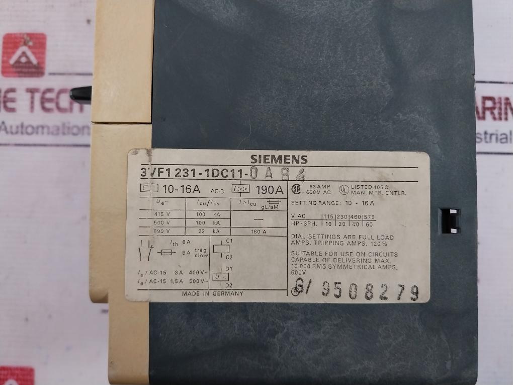 Siemens 3vf1231-1dc11-0ab4 Motor Protection Circuit Breaker 10-16a 16a