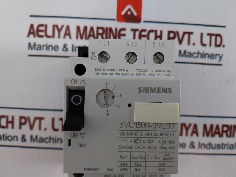 Siemens 3vu1300-1ml00 Circuit Breaker For Motor Protection 600vac Max 50/60hz