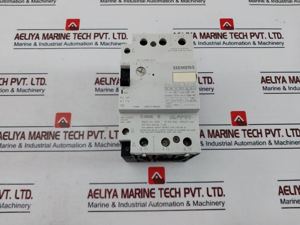 Siemens 3vu1600-1mg00 Motor Protective Circuit Breaker Cat. A 600vac 50/60hz