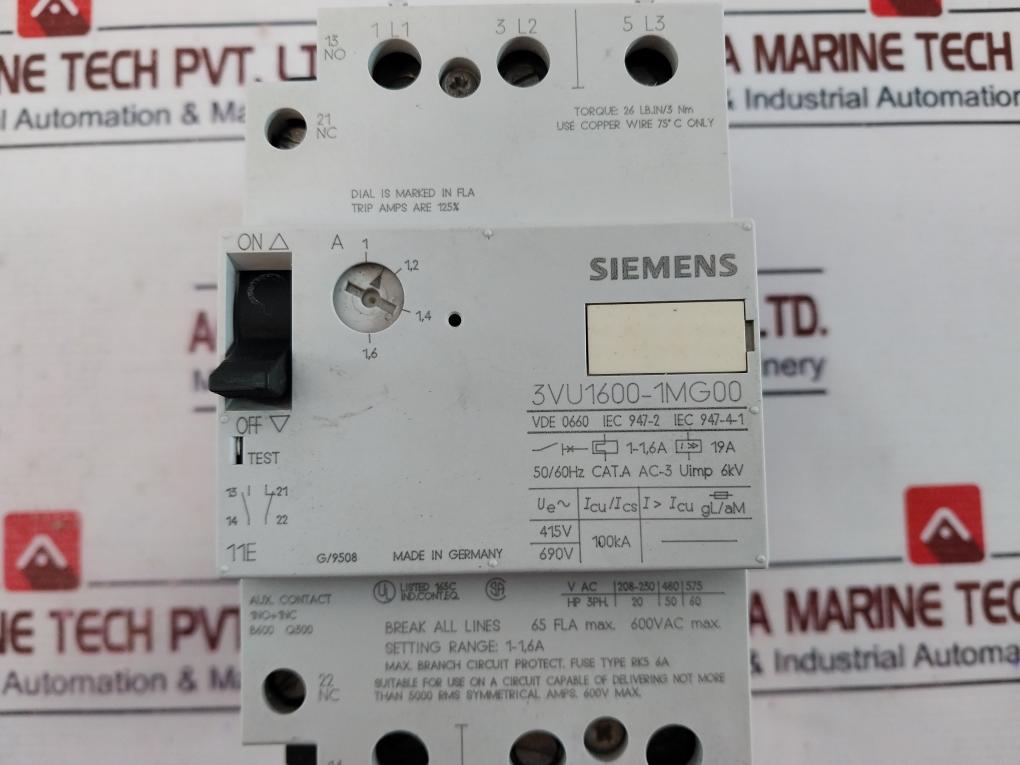 Siemens 3vu1600-1mg00 Motor Protective Circuit Breaker Cat. A 600vac 50/60hz