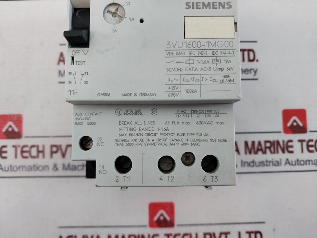 Siemens 3vu1600-1mg00 Motor Protective Circuit Breaker Cat. A 600vac 50/60hz