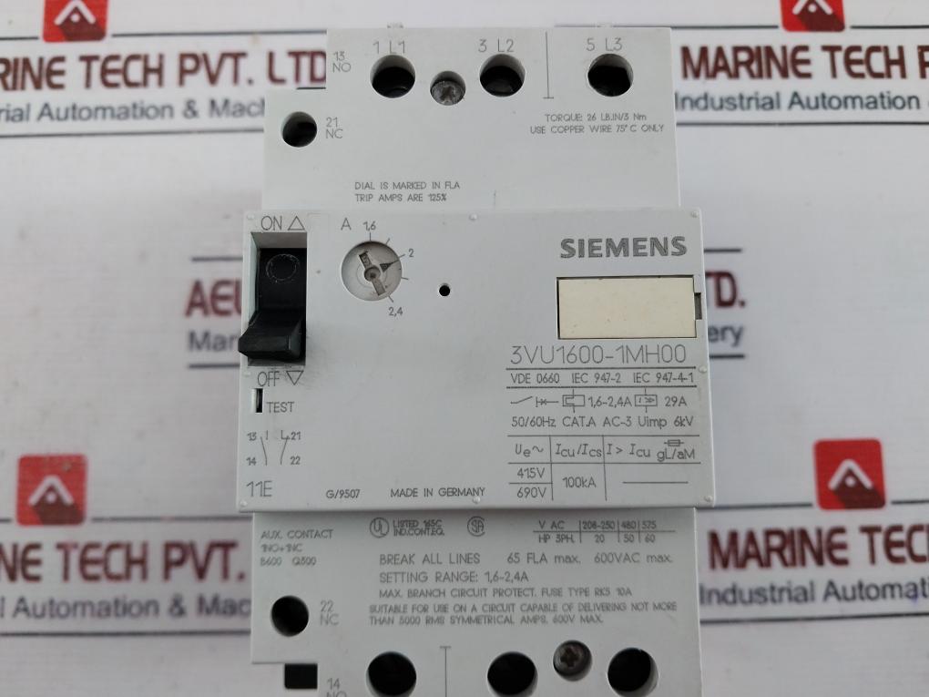 Siemens 3vu1600-1mh00 Manual Motor Circuit Breaker Cat A 50/60hz