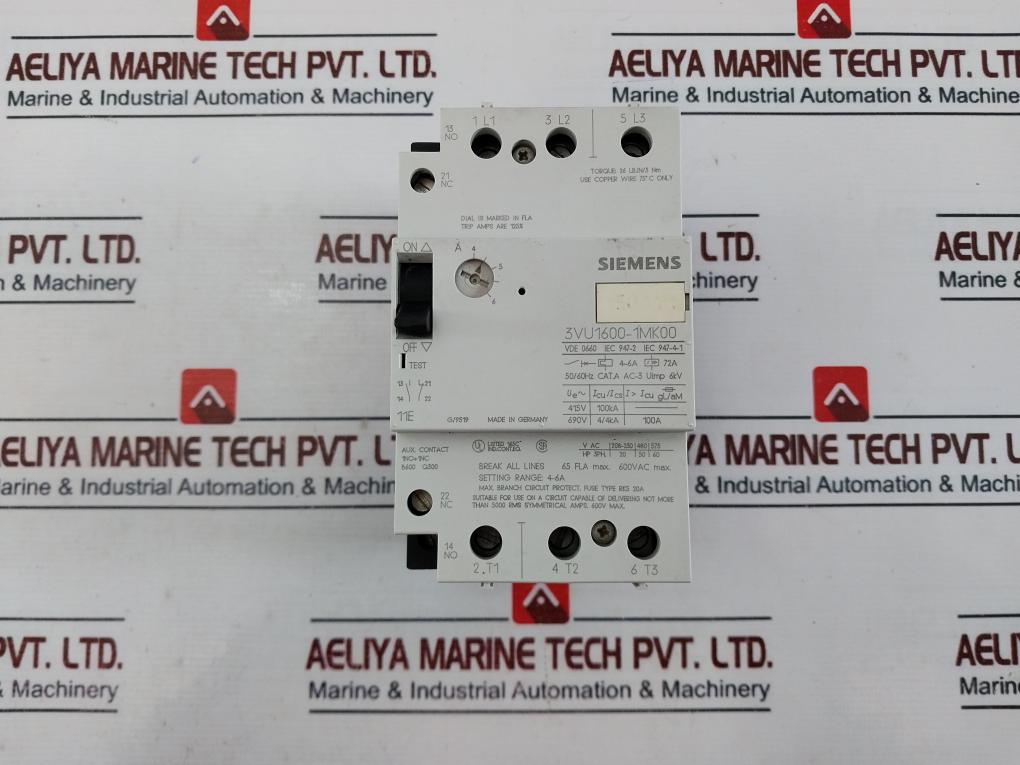 Siemens 3vu1600-1mk00 Circuit Breaker Cat A 600vac 50/60hz