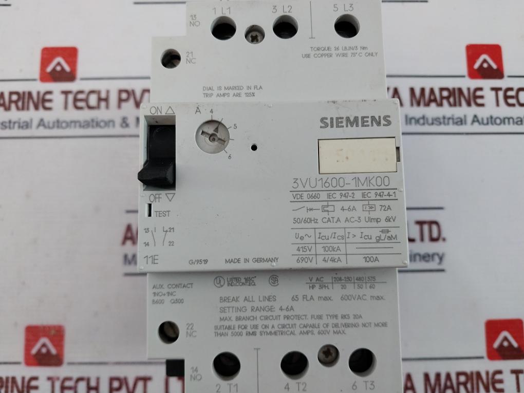 Siemens 3vu1600-1mk00 Circuit Breaker Cat A 600vac 50/60hz