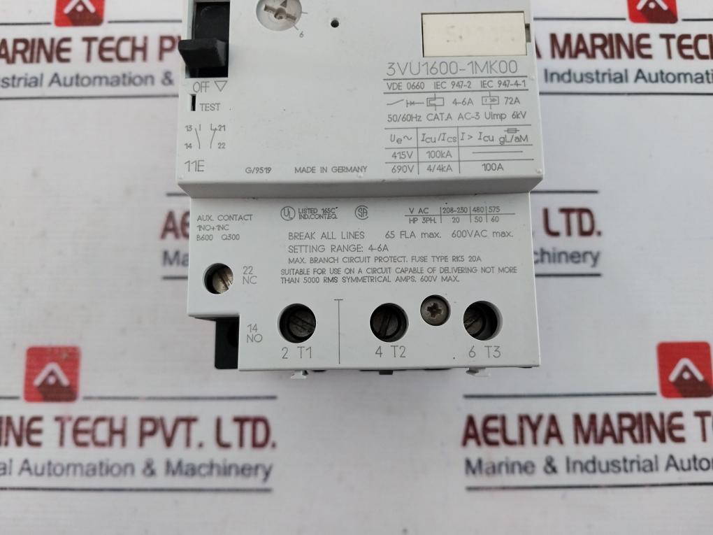 Siemens 3vu1600-1mk00 Circuit Breaker Cat A 600vac 50/60hz