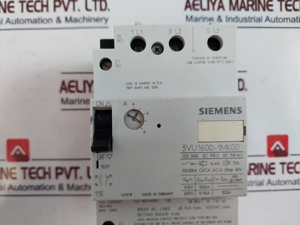 Siemens 3VU1600-1MK00 Circuit Breaker For Motor Protection 50/60Hz