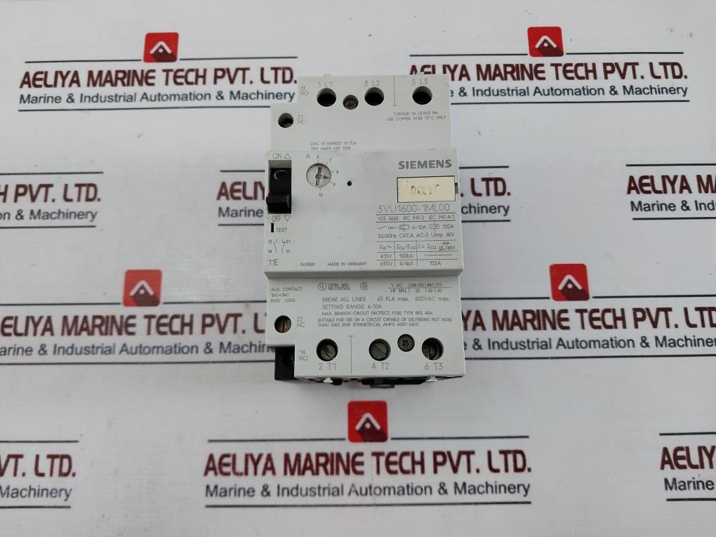 Siemens 3vu1600-1ml00 Circuit-breaker Cat. A 6-10a 600vac 50/60hz