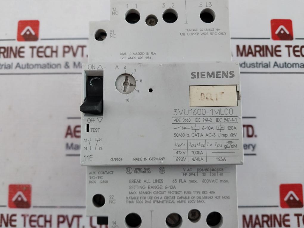 Siemens 3vu1600-1ml00 Circuit-breaker Cat. A 6-10a 600vac 50/60hz