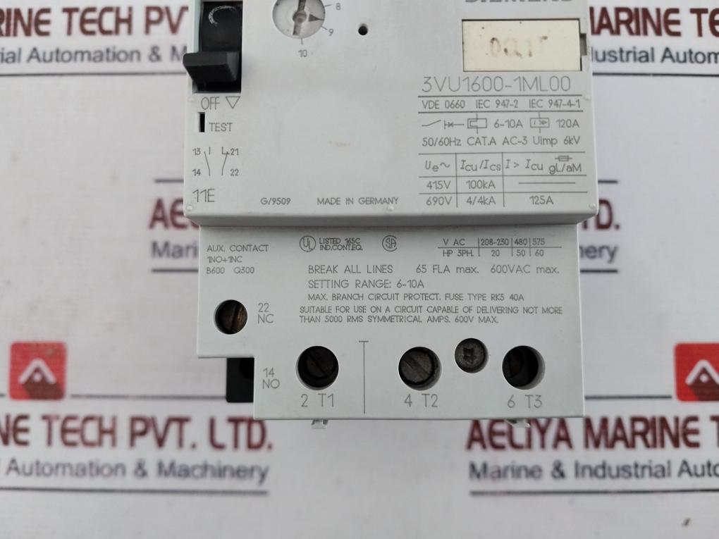 Siemens 3vu1600-1ml00 Circuit-breaker Cat. A 6-10a 600vac 50/60hz