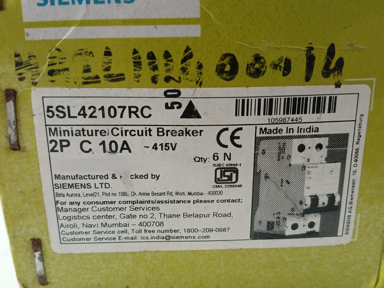 Siemens 5Sl42107Rc 2 Pole Miniature Circuit Breaker Iec 60898-1
