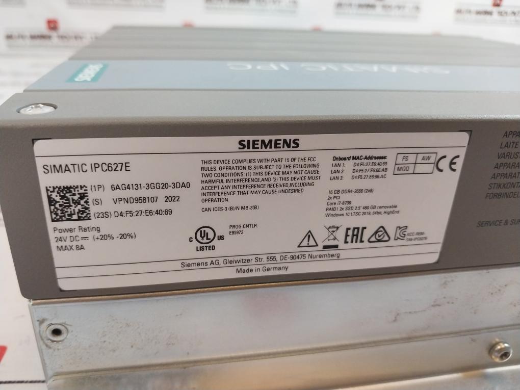 Siemens 6Ag4131-3Gg20-3Da0 Simatic Ipc627E Box Pc