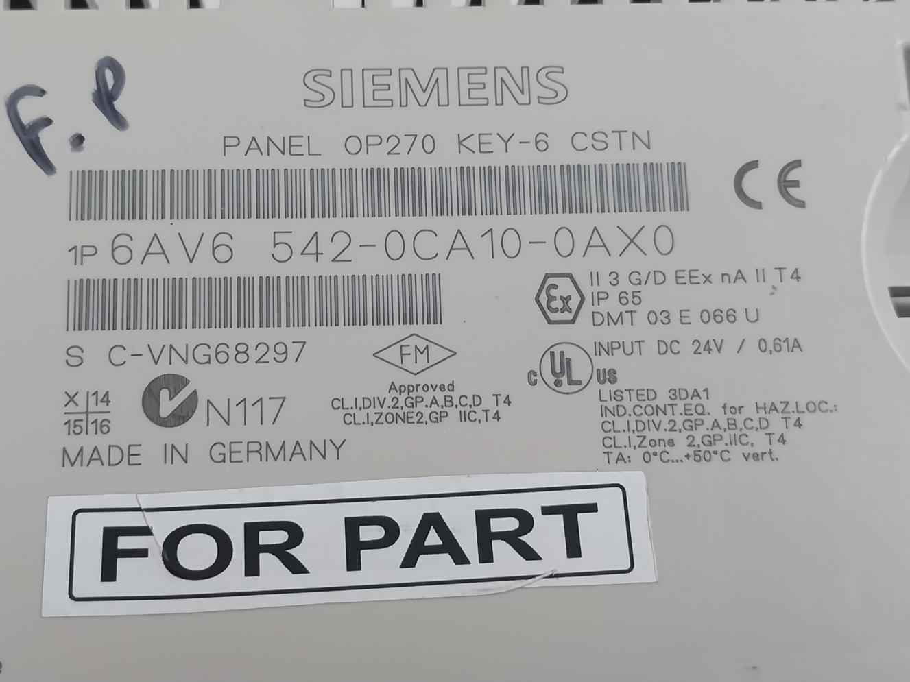 Siemens 6Av6 542-0Ca10-0Ax0 Simatic Hmi Panel Dc 24V/ 0,61A (Not Working)Siemens