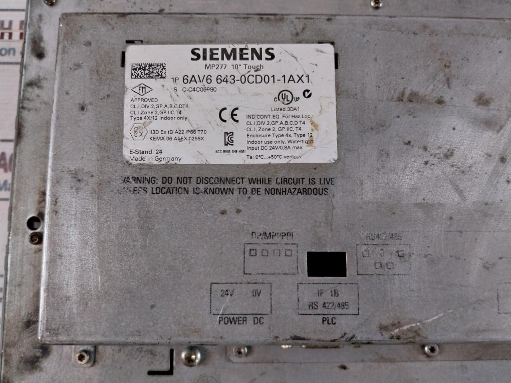 Siemens 6Av6 643-0Cd01-1Ax1 10” Touch Panel Mp277 (Not Working)