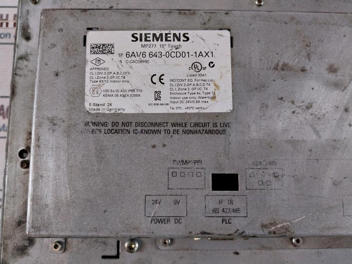 Siemens 6Av6 643-0Cd01-1Ax1 10” Touch Panel Mp277