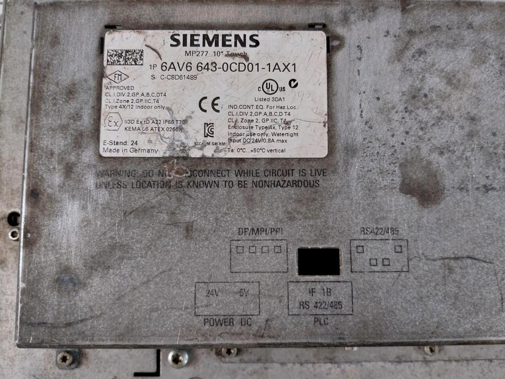 Siemens 6AV6 643-0CD01-1AX1 Touch Panel Mp277 10” Touch