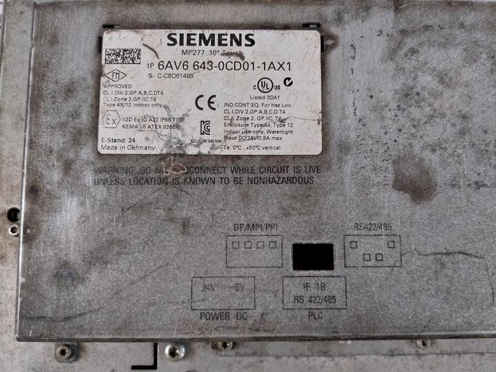 Siemens 6AV6 643-0CD01-1AX1 Touch Panel Mp277 10” Touch