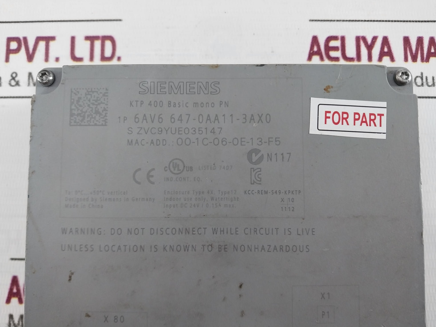 Siemens 6Av6 647-0Aa11-3Ax0 Touch Screen Panel Dc 24V/0.15A Max (Not Working)