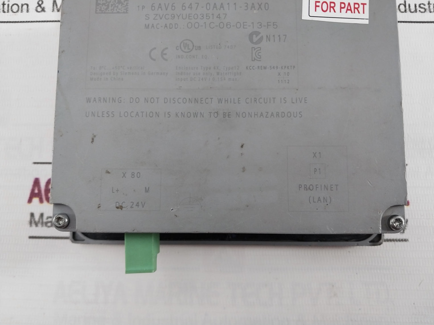 Siemens 6Av6 647-0Aa11-3Ax0 Touch Screen Panel Dc 24V/0.15A Max (Not Working)