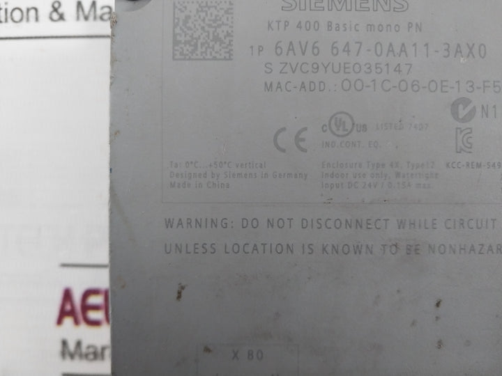 Siemens 6Av6 647-0Aa11-3Ax0 Touch Screen Panel Dc 24V/0.15A Max