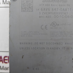 Siemens 6Av6 647-0Aa11-3Ax0 Touch Screen Panel Dc 24V/0.15A Max