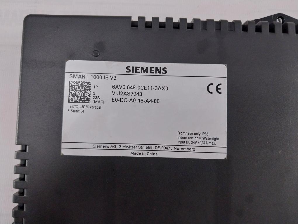 Siemens 6Av6 648-0Ce11-3Ax0 Hmi Touch Screen Panel Smart 1000 Ie V3 Ip65 Dc 24V