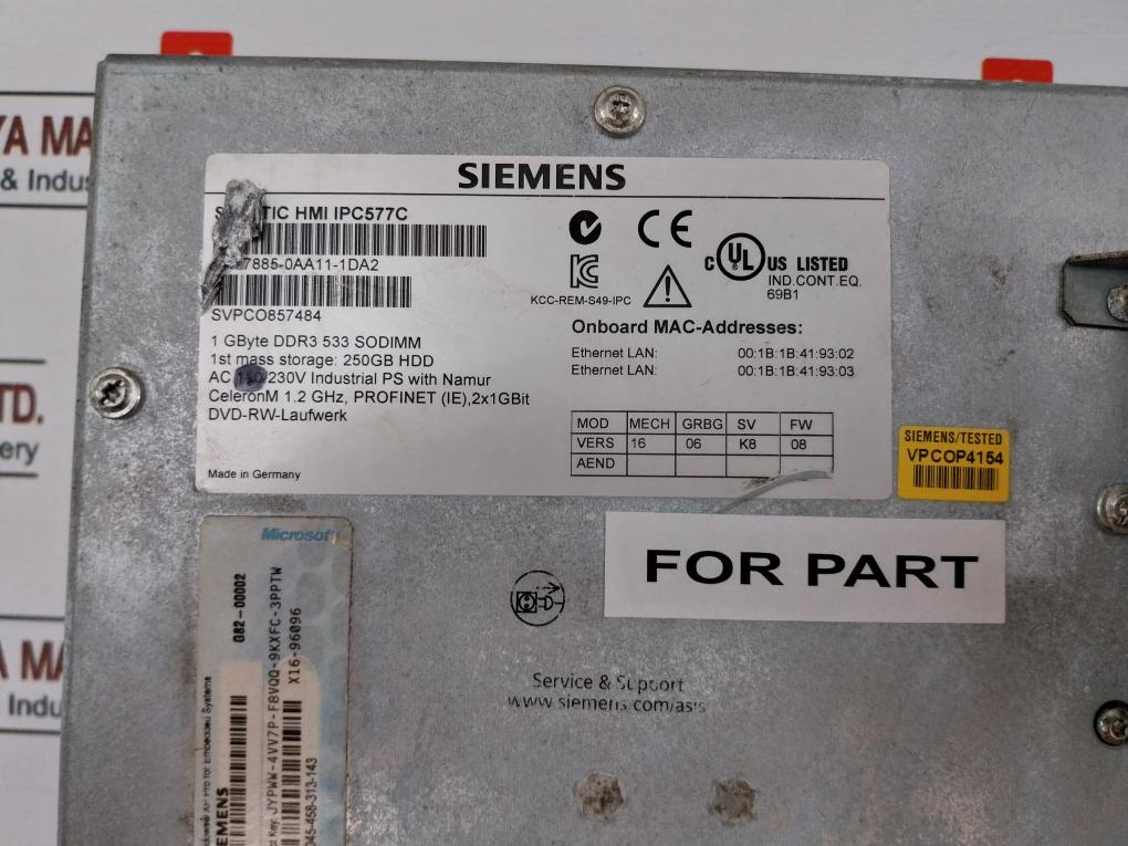 Siemens 6Av7885-0Aa11-1Da2 Simatic Touch Panel