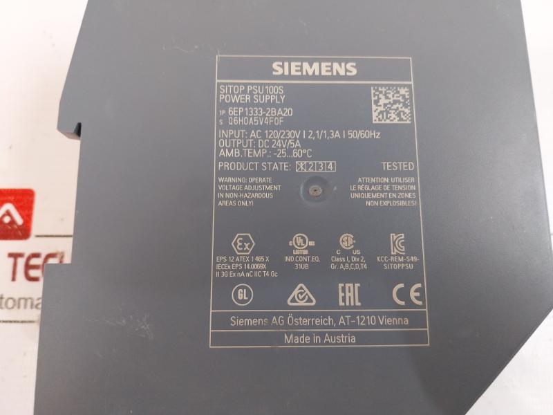 Siemens 6Ep1333-2Ba20 Digital Power Supply Module Ac 120/230V Dc 24V/5A