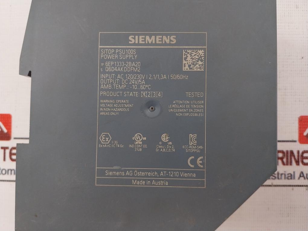 Siemens 6Ep1333-2Ba20 Sitop Psu100Ss Power Supply Ac120/230V 2.1/3.1A 50/60Hz