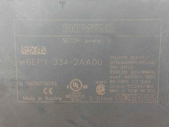Siemens 6Ep1334-2Aa00 Sitop Power 10 Power Supply 24Vdc 10A 230/120Vac