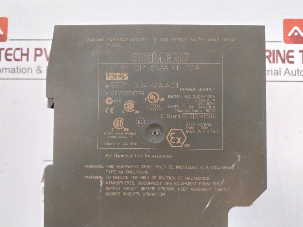 Siemens 6Ep1334-2Aa01 Sitop Smart 10A Power Supply Module Atex 94/9/Ec Dc24V/10A