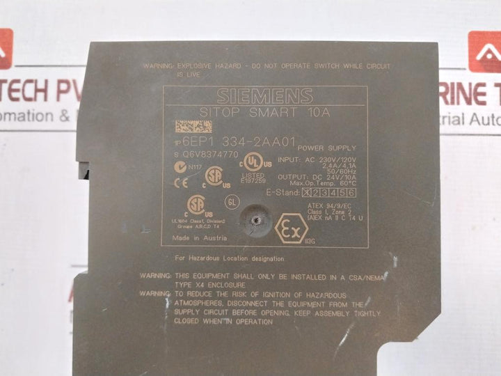 Siemens 6Ep1334-2Aa01 Sitop Smart 10A Power Supply Module Atex 94/9/Ec Dc24V/10A