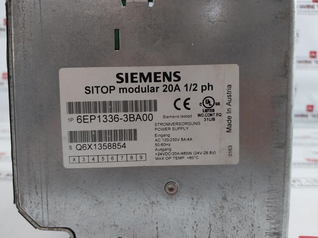 Siemens 6Ep1 336-3Ba00 Sitop Modular 20A 1/2 Ph Power Supply