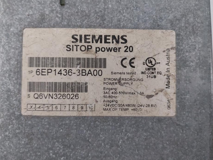 Siemens 6Ep1436-3Ba00 Sitop Power 20 Stabilized Power Supply 24Vdc/20A/480W